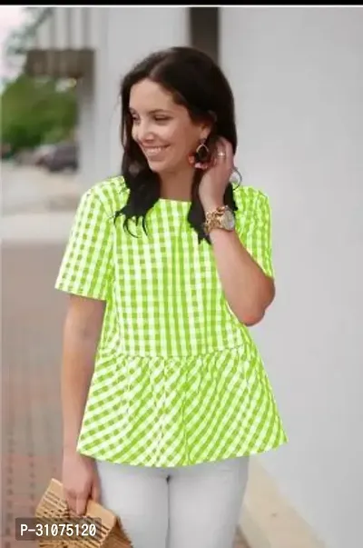 Elegant Green Cotton Checked Top For Women-thumb0