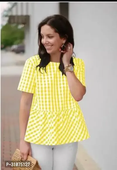 Elegant Yellow Cotton Checked Top For Women