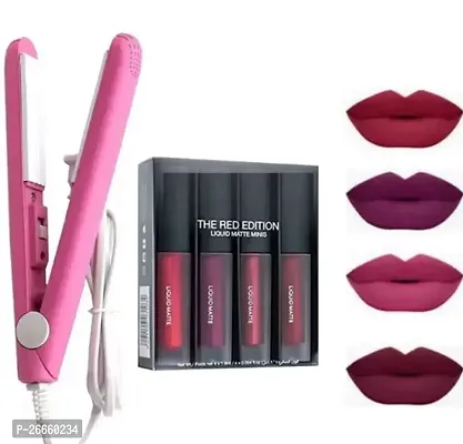 Combo of Red edition liquid lipstick set of 4 different colors, Mini Hair straightener-thumb0