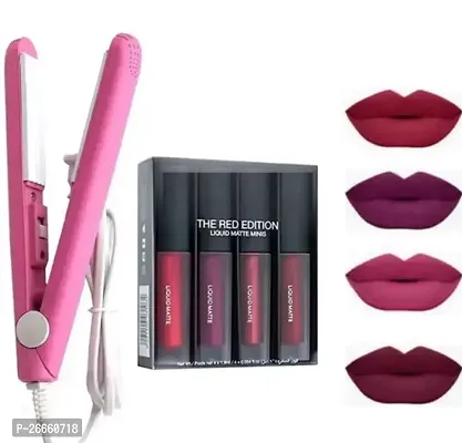 Combo of Red edition liquid lipstick set of 4 different colors, Mini Hair straightener