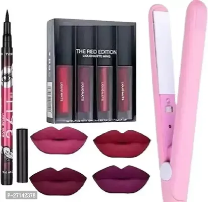 Mini Straightener, 36H Long Wear Eye Liner Pen and 4in1 Red Edition Liquid Matte Lipstick Cosmetic Combo of 3