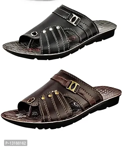 RAYS Men's PVC Sole Synthetic Leather Outdoor Multicolor Floaters/Sandals In Combo (Pack Of 2, 8 Uk) (numeric_8)