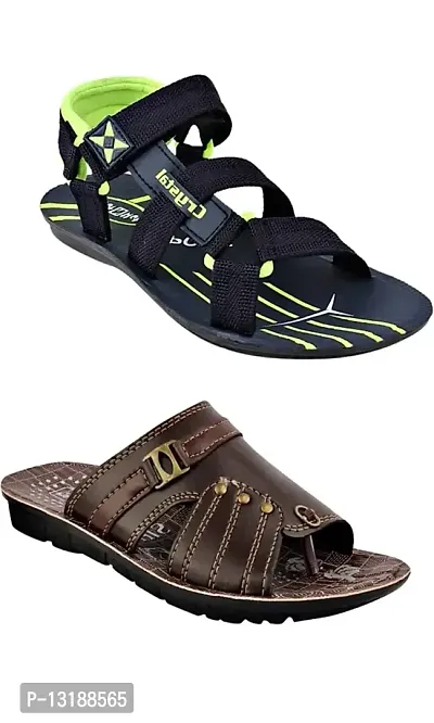 RAYS Men's PVC Sole Synthetic Leather Brown Slippers With Green Sandals/Floaters In Combo Pack (Size: 9 Uk)