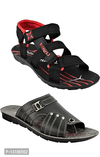 RAYS Men's PVC Sole Synthetic Leather Black Slippers With Red Sandals/Floaters In Combo Pack