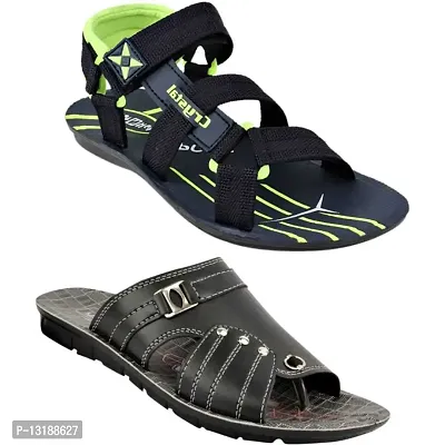 RAYS Combo Pack Of 2 Green, Black Flats Sandal Comfortable Sandals for Men's Size-9