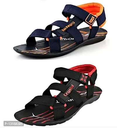 RAYS Men's PVC Sole Synthetic Leather Outdoor Sandals/Floaters In Combo (Pack Of 2)(Multicolor, 6 Uk)-thumb0