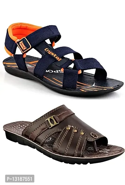 RAYS Men's PVC Sole Synthetic Leather Brown Slippers With Orange Sandals/Floaters In Combo Pack (Size: 7 Uk)