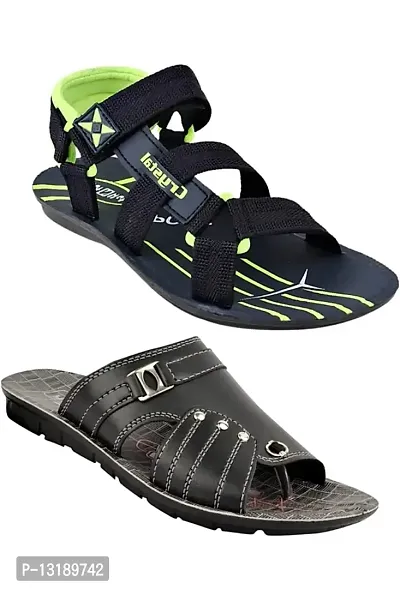 RAYS Men's PVC Sole Synthetic Leather Black Slippers With Green Sandals/Floaters In Combo Pack (Size: 10 Uk)