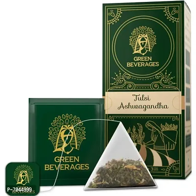 Green Beverages Ashwagandha Tulsi Green Tea - 27 Pyramid Tea Bags | 100% Natural Fresh  Pure | Helps In Strength, Boosts Immunity, lowers blood pressure-thumb0