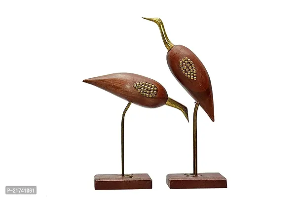 Beautiful Wooden and Brass Saras, Wooden Antique Decorative Saras Swan Crane Love Birds Showpiece Home Decor - Set of 2, (5 x 9 x 20cm)