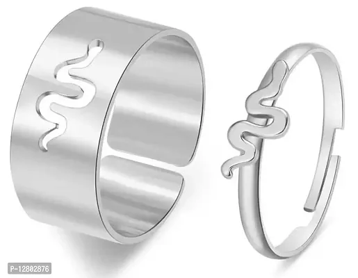 Uniqon (Silver Color) Adjustable Size Valentine's Day Romantic Couple Friendship Promise Matching Punk Fashion Creative Snake Design Open-Cuff Finger Dainty Trendy Rings Set-thumb0