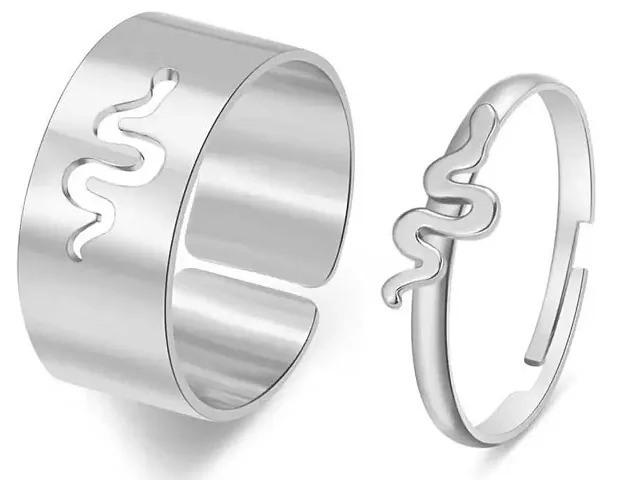 Uniqon (Silver Color) Adjustable Size Valentine's Day Romantic Couple Friendship Promise Matching Punk Fashion Creative Snake Design Open-Cuff Finger Dainty Trendy Rings Set