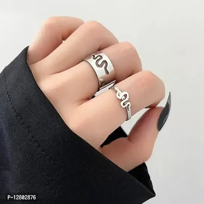 Uniqon (Silver Color) Adjustable Size Valentine's Day Romantic Couple Friendship Promise Matching Punk Fashion Creative Snake Design Open-Cuff Finger Dainty Trendy Rings Set-thumb4