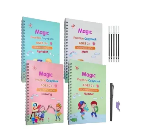 Sank Magic Practice Copybook, (4 BOOK + 10 REFILL+ 1 Pen +1 Grip) Number Tracing Book for Preschoolers with Pen, Magic Calligraphy Copybook Set Practical Reusable Writing Tool Simple Hand Lettering