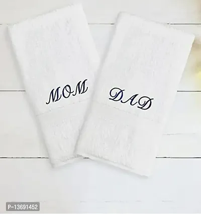 Mrunals Fashion - 150 GSM Hand Towel with Mom  Dad Embroidery (Pack of 2), Size 16 (W) X 27(L) inch, Embroidery on White Towel