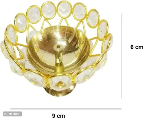 Heaven Decor Medium Brass and crystal Akhand diya  Bowl style Brass Table Diya Set of 2 (Height: 2.4 inch)-thumb3
