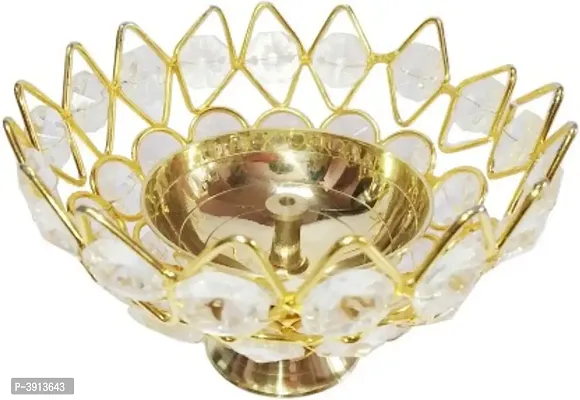 Heaven Decor Medium Brass and crystal Akhand diya  Bowl style Brass Table Diya Set of 2 (Height: 2.4 inch)-thumb2