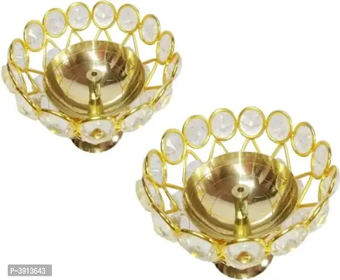 Heaven Decor Medium Brass and crystal Akhand diya  Bowl style Brass Table Diya Set of 2 (Height: 2.4 inch)