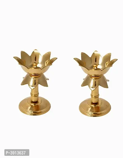 Heaven Decor Pure Brass Kamal Styal Medium Flower Akhand Brass Table Diya Brass Table Diya Set (Height: 5 inch, Pack of 2)-thumb0