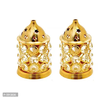 Heaven Decor Heaven Decor Pure Brass small Crystal akhand diya Brass Table Diya Set (Height: 4.2 inch, Pack of 2)-thumb0