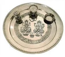 Stainless Steel Puja Thali Set Embossed Laxmi Ganesh (10 Inch)-thumb1