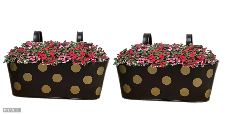 Beautiful Metal Brown Oval Shape Railing Flower Garden Pots and Wall Planters for Balcony- Set Of 2-thumb0