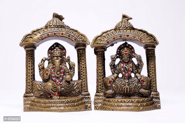 Designer Laxmi Ji And Ganesh Ji  Darbar Religious Temple Brass Idol 5 Inch , Religious Gift Item For Diwali Pooja-thumb0