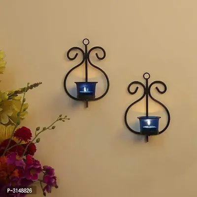 Stylish Blue Glass  Iron Tealight Candle Holder wall Hanging(Pack Of 2)