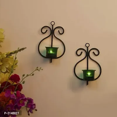 Stylish Green Glass  Iron Tealight Candle Holder wall Hanging(Pack Of 2)-thumb0