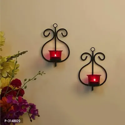 Stylish Red Glass  Iron Tealight Candle Holder wall Hanging(Pack Of 2)