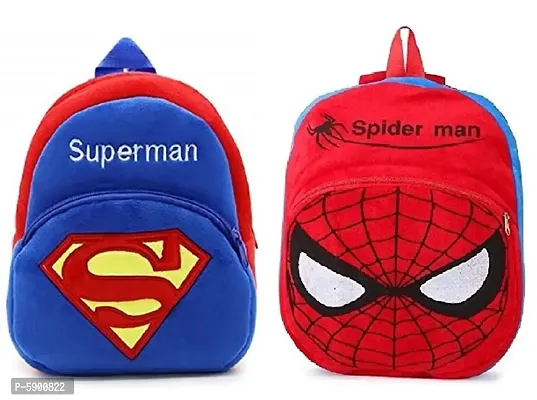 Heaven Decor Spider man  Superman Soft Velvet Kids School Bag Nursury Class To 5 ( Size - 14 inch ) ( Color - redblue )-thumb0