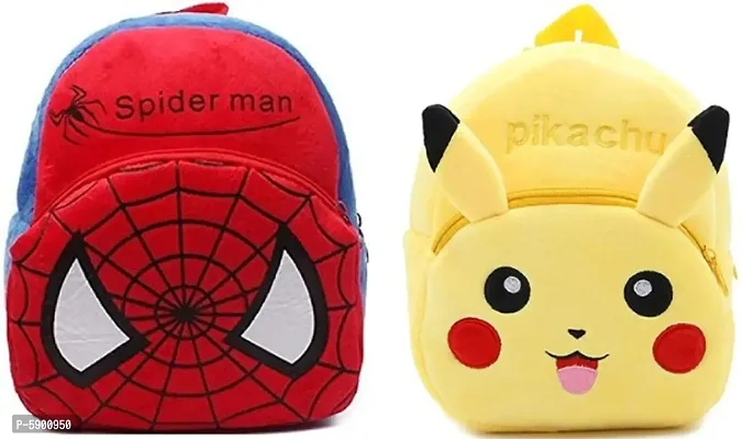 Heaven Decor Spiderman & Pikachu Soft Velvet Kids School Bag Nursury Class To 5 ( Size - 14 inch ) ( Color - Red & Yellow )-thumb0