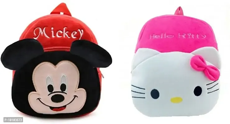 Mickey  and Hellokitty Combo Soft Velvet Kids School Bag Nursury Class To 5 ( Size - 14 inch )-thumb0