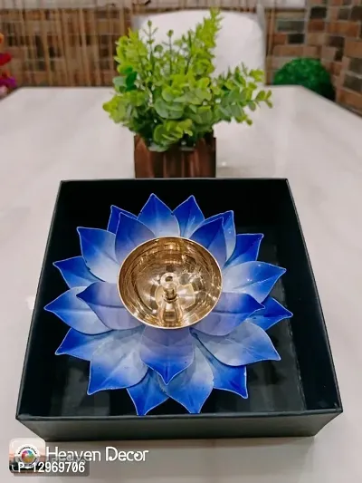 Heaven Decor Iron and Brass Kamal Ptta Blue color Akhand diya With Fancy Gift Box size 5 inch