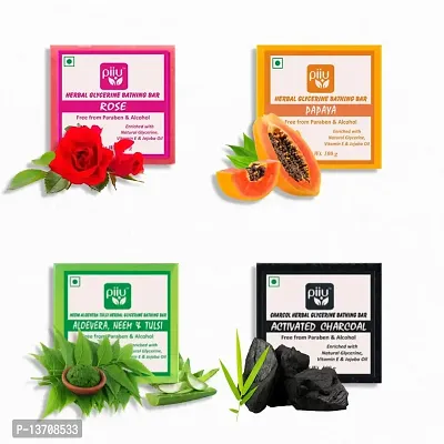 Piiu Skincare Pack- 100g | Pack of 4 unique Bathing Bar | Buy 2 Get 2 Offer | Skin Protection | Glowing Skin | Paraben Free | Vegan (Rose | Papaya | Aloe Vera, Neem, Tulsi | Charcoal)