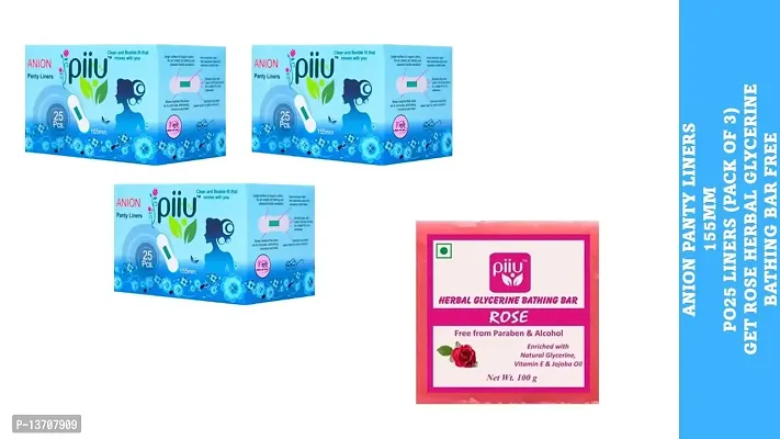 Piiu Cottony Soft Rash Free Ultra Thin Anion Panty Liners (155mm) Pack of 3+ Piiu Organic Natural Herbal Glycerine Rose Bathing Bar | Unisex Bathing Bar, 100gm, Free-thumb0