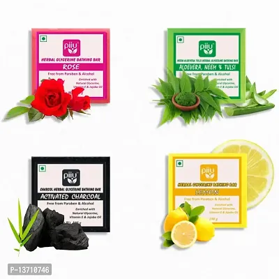 Piiu Luxury Skincare Pack- 100g | Pack of 4 Bathing Bar | Buy 2 Get 2 Offer | Skin Protection | Glowing Skin | Paraben Free | Vegan (Rose| Aloe Vera, Neem, Tulsi | Charcoal| Lemon)-thumb0