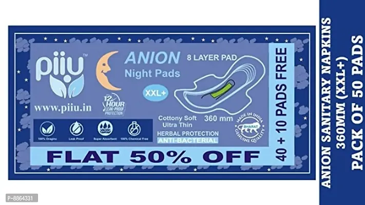 Piiu Cottony Soft Rash Free Ultra Thin Anion Night Sanitary Pad XXL+ (360mm) Pack of 50 Pads