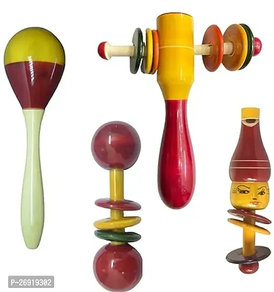 Wooden Baby Rattles Set Of 4 Nos - Eco Friendly Channapatna Toys - Infants Music Makers, Pack Of 1