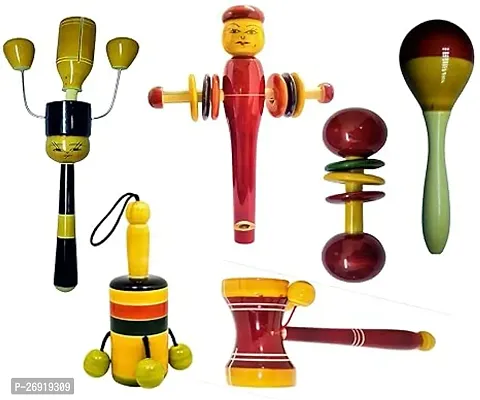 Wooden Baby Rattles Set Of 6 Nos - Eco Friendly Channapatna Toys - Infants Music Makers, Pack Of 1