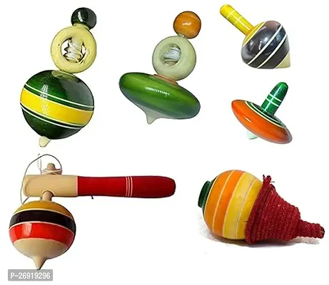 Wooden Spinning Tops (Buguri, Lattu) (Top Set Of 6) For Kids, Pack Of 1