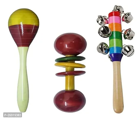 Wooden Baby Rattle Non Toxic Infants Music Toys - Combo Bundle Of 3 Pcs - Colorful Desi Kids Toys