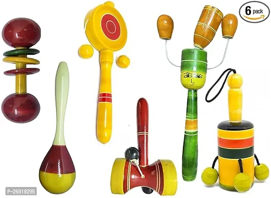 Wooden Baby Rattles Set Of 6 Nos Pack Non Toxic Channapatna Toys - Baby Music And Sound Makers, Pack Of 1