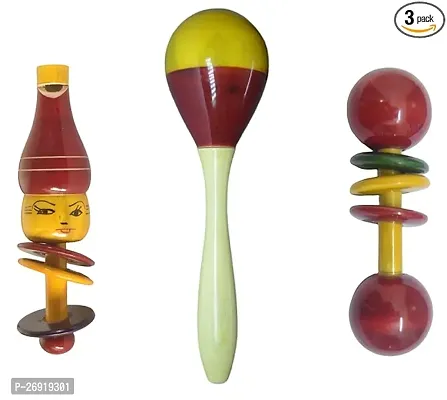 Wooden Baby Rattles Set Of 3 Nos Pack - Eco Friendly Channapatna Toys - Baby Music And Sound Makers