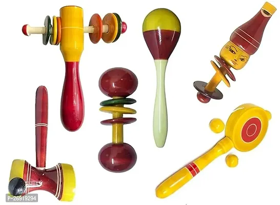 Wooden Baby Rattles Set Of 6 Nos Pack - Eco Friendly Channapatna Toys - Baby Music And Sound Makers, Pack Of 1-thumb0