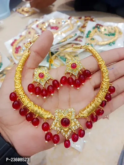 Gold-Toned Hasli Kundan Necklace Set For Women Red Color