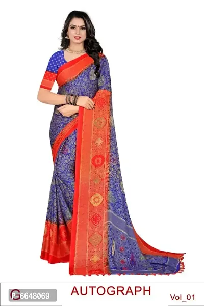 Women Cotton Blend Printed Saree with Blouse piece