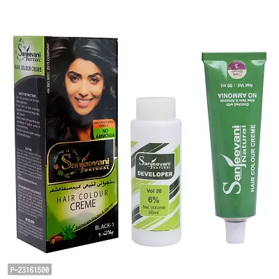 Sanjeevani Natural Hair Colour Creme | No Ammonia | Long-lasting Colour For Men and Womem Smoothness  Shine | Natural Color 50ml + 60ml (Pack of 1, Black)-thumb0
