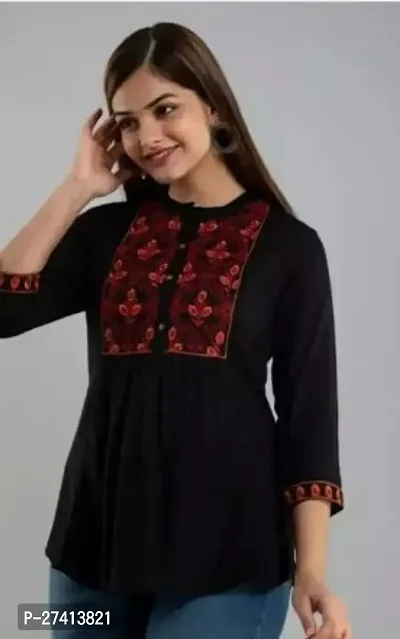 Elegant Black Viscose Rayon Embroidered Tunic For Women-thumb0