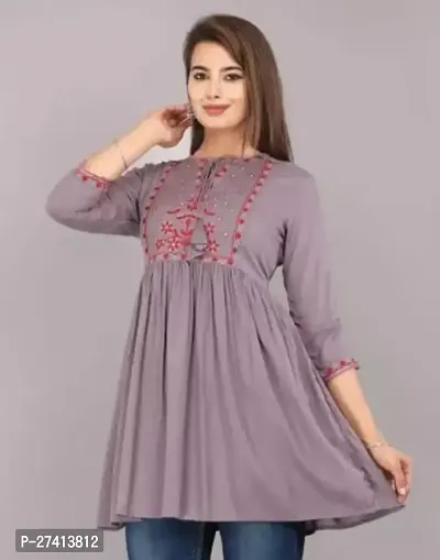 Elegant Grey Viscose Rayon Embroidered Tunic For Women-thumb0